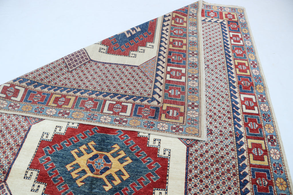 6.5x9.5 Beige Super Kazak Geometric Area Rug | Handmade Wool & Cotton Rug