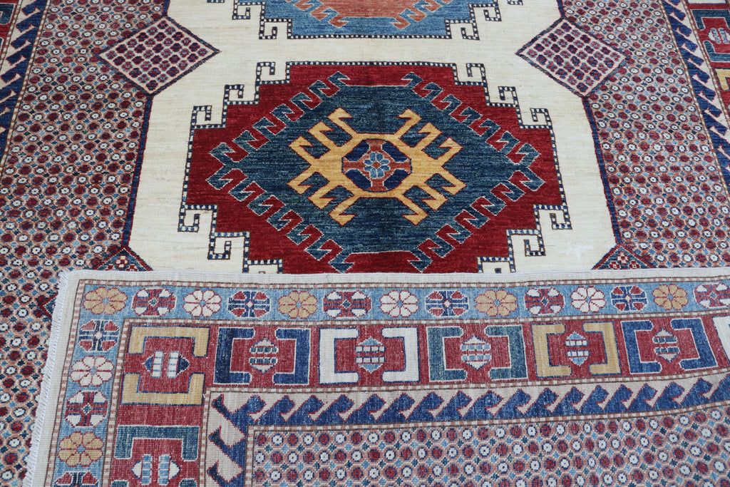 6.5x9.5 Beige Super Kazak Geometric Area Rug | Handmade Wool & Cotton Rug