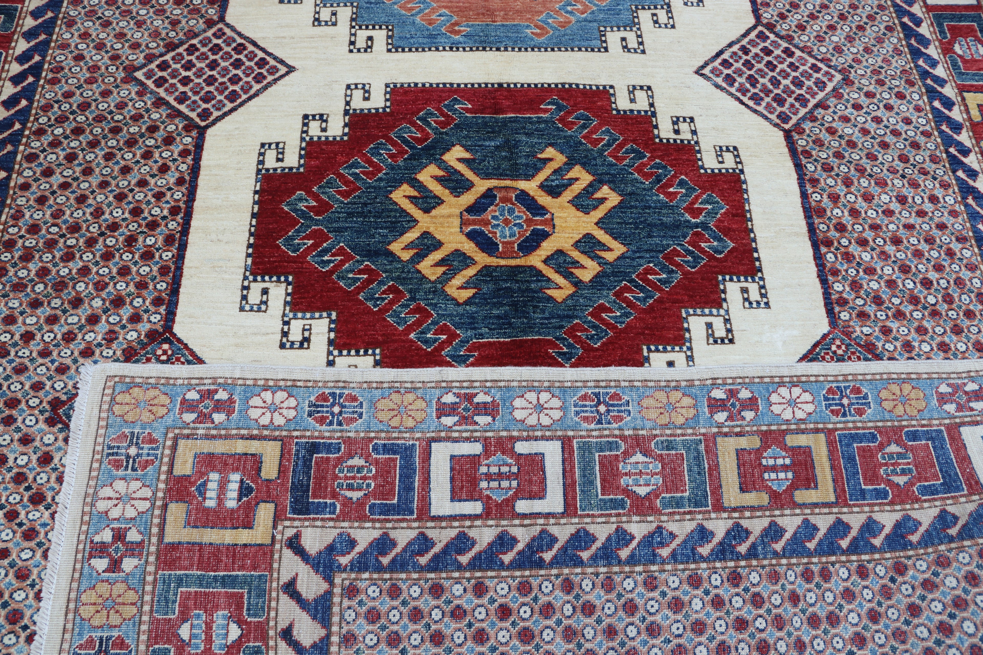 6.5x9.5 Beige Super Kazak Geometric Area Rug | Handmade Wool & Cotton Rug