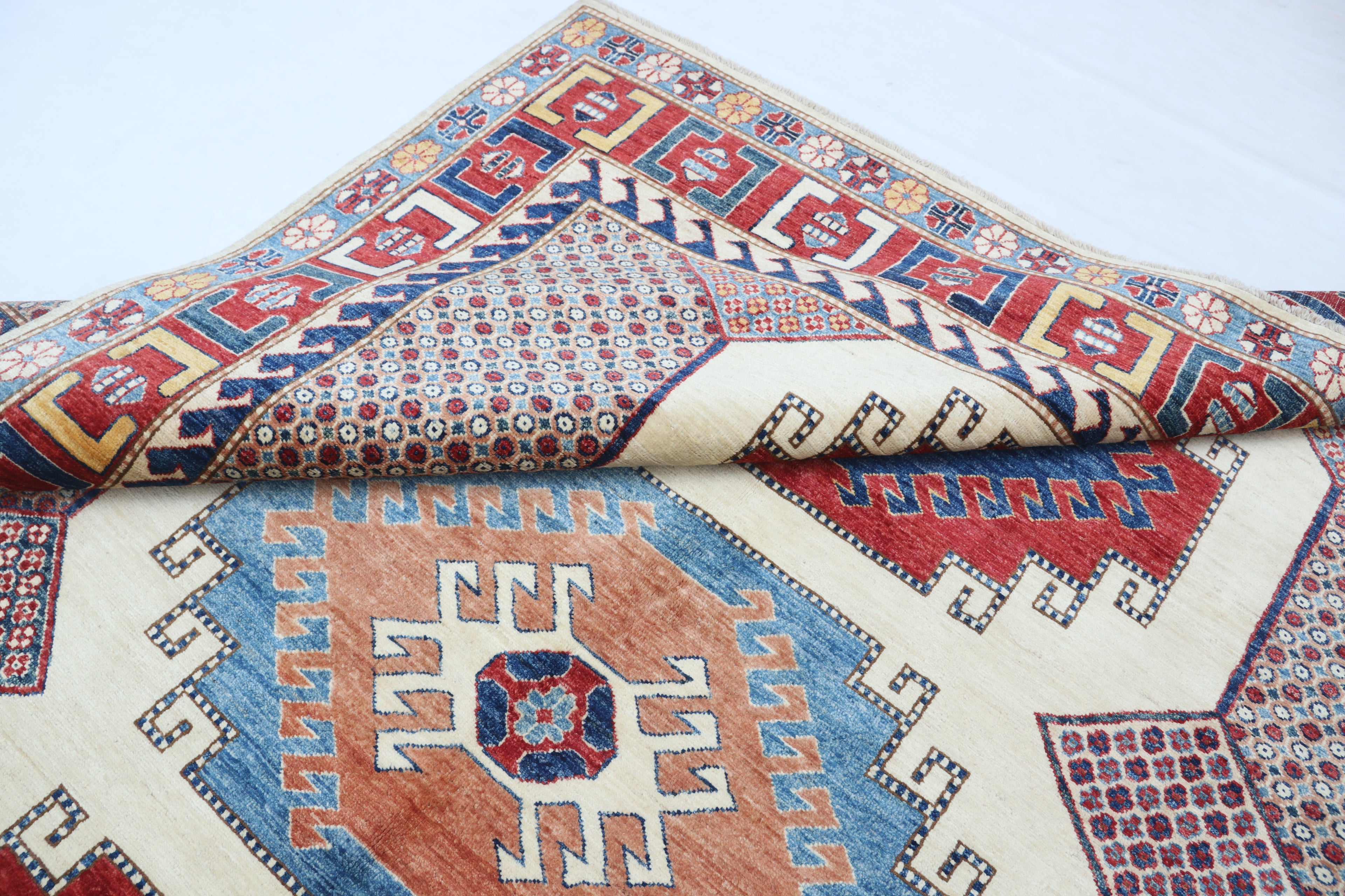 6.5x9.5 Beige Super Kazak Geometric Area Rug | Handmade Wool & Cotton Rug