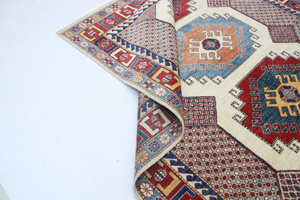 6.5x9.5 Beige Super Kazak Geometric Area Rug | Handmade Wool & Cotton Rug