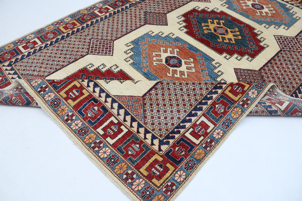 6.5x9.5 Beige Super Kazak Geometric Area Rug | Handmade Wool & Cotton Rug