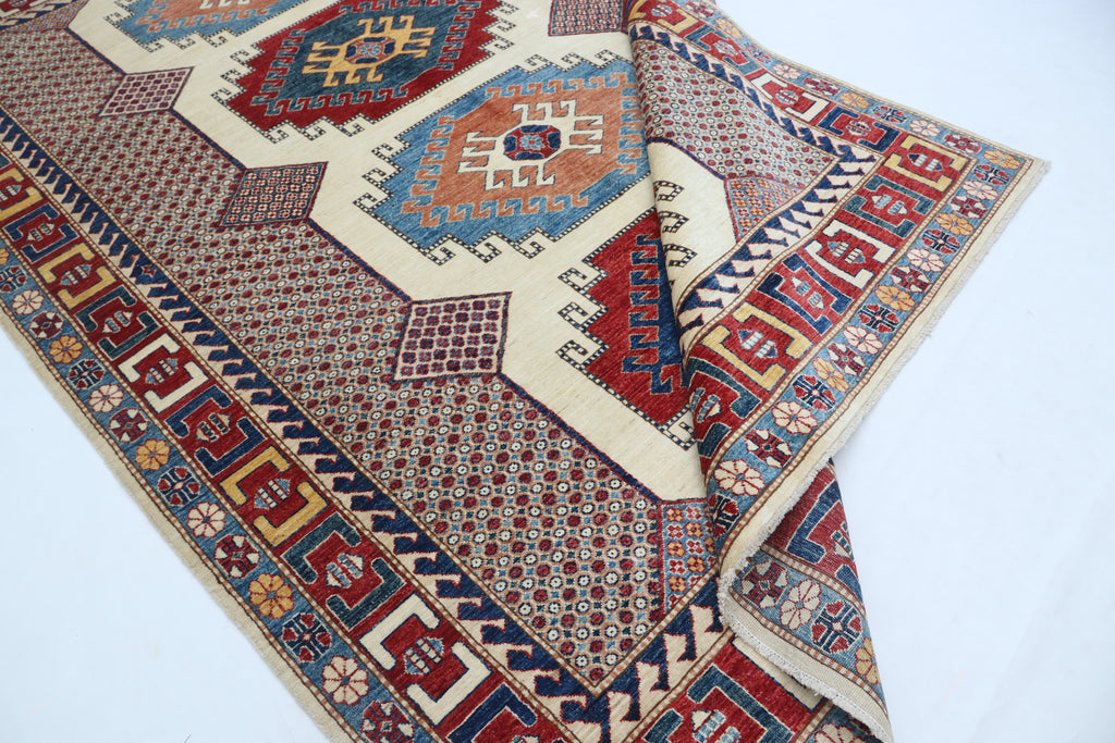 6.5x9.5 Beige Super Kazak Geometric Area Rug | Handmade Wool & Cotton Rug