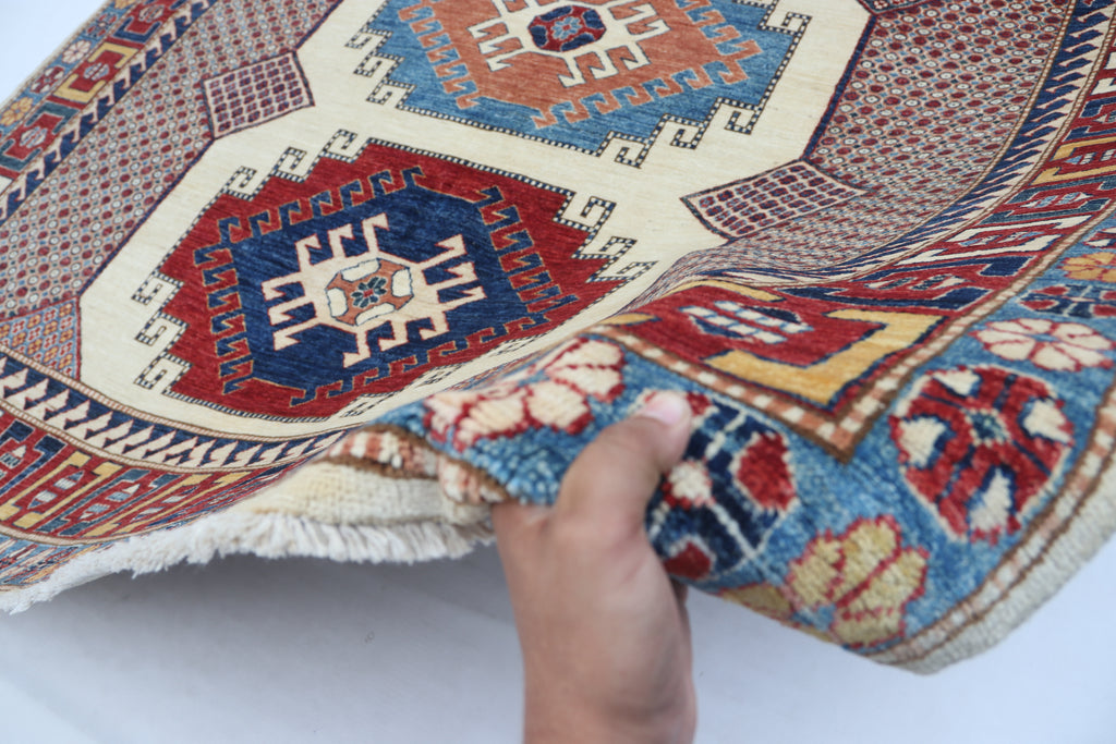 6.5x9.5 Beige Super Kazak Geometric Area Rug | Handmade Wool & Cotton Rug