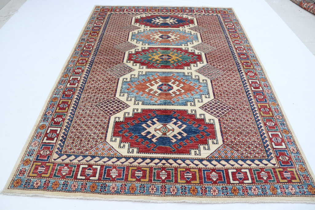 5.5x8 Beige Super Kazak Geometric Area Rug | Handmade Wool & Cotton Rug