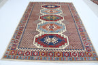 5.5x8 Beige Super Kazak Geometric Area Rug | Handmade Wool & Cotton Rug
