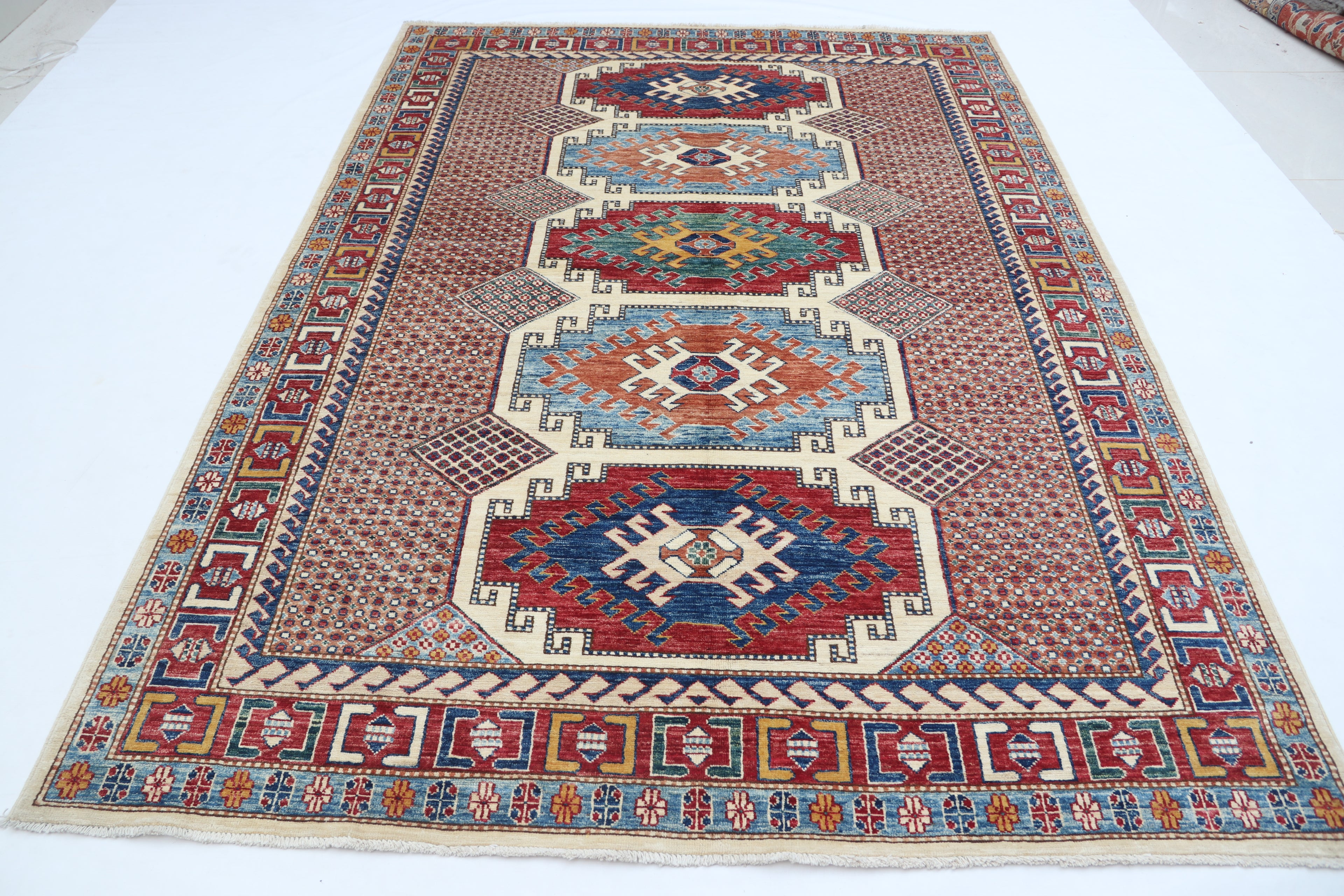 5.5x8 Beige Super Kazak Geometric Area Rug | Handmade Wool & Cotton Rug
