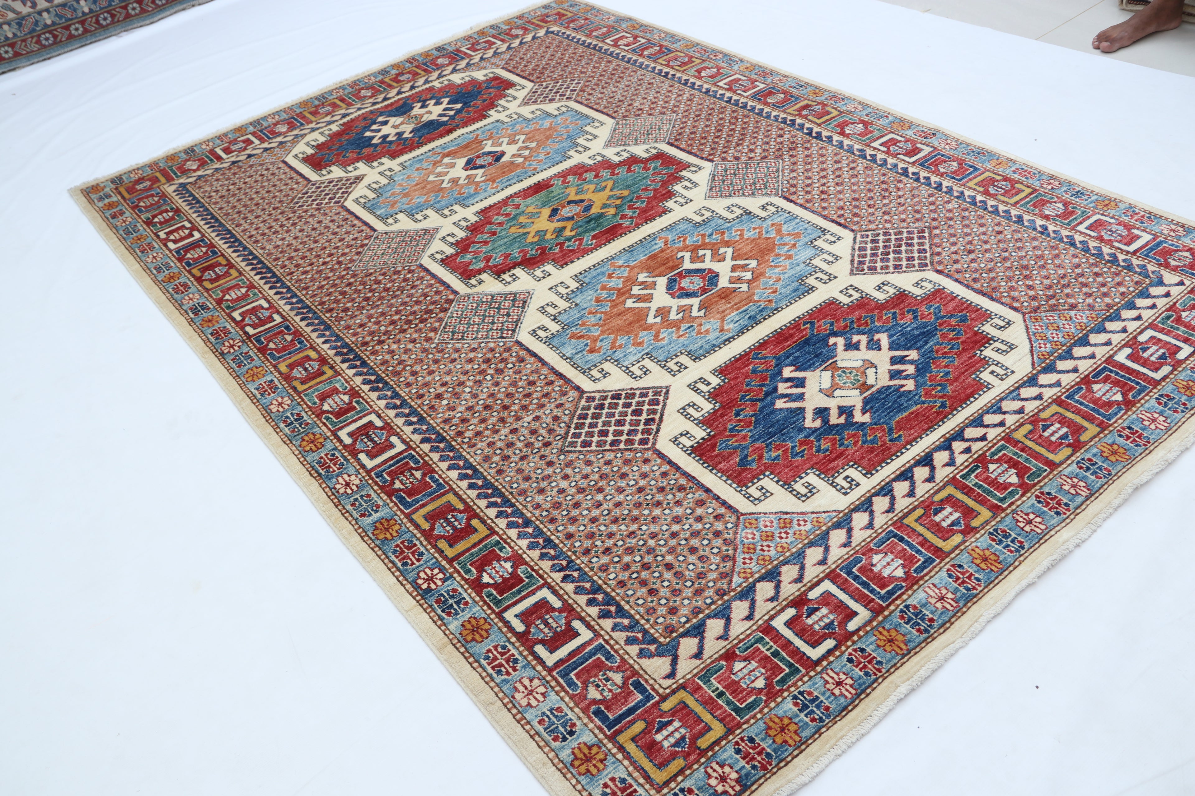 5.5x8 Beige Super Kazak Geometric Area Rug | Handmade Wool & Cotton Rug