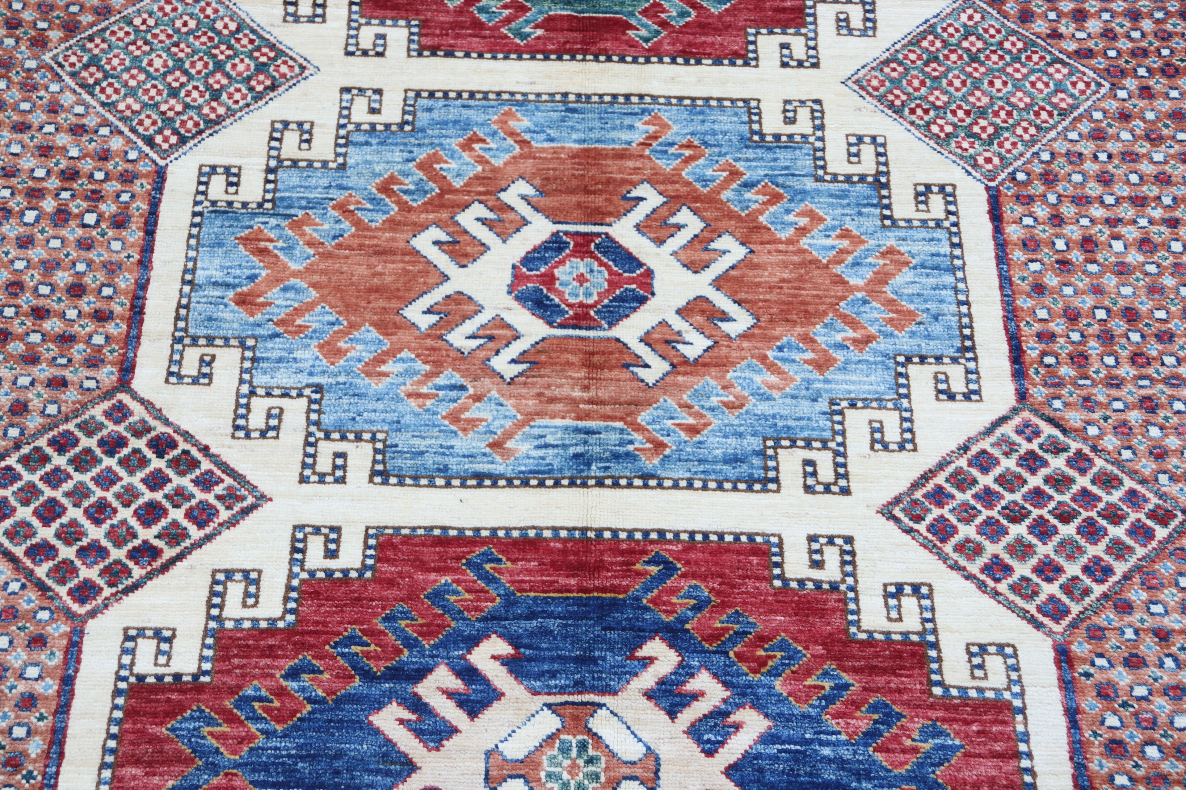 5.5x8 Beige Super Kazak Geometric Area Rug | Handmade Wool & Cotton Rug