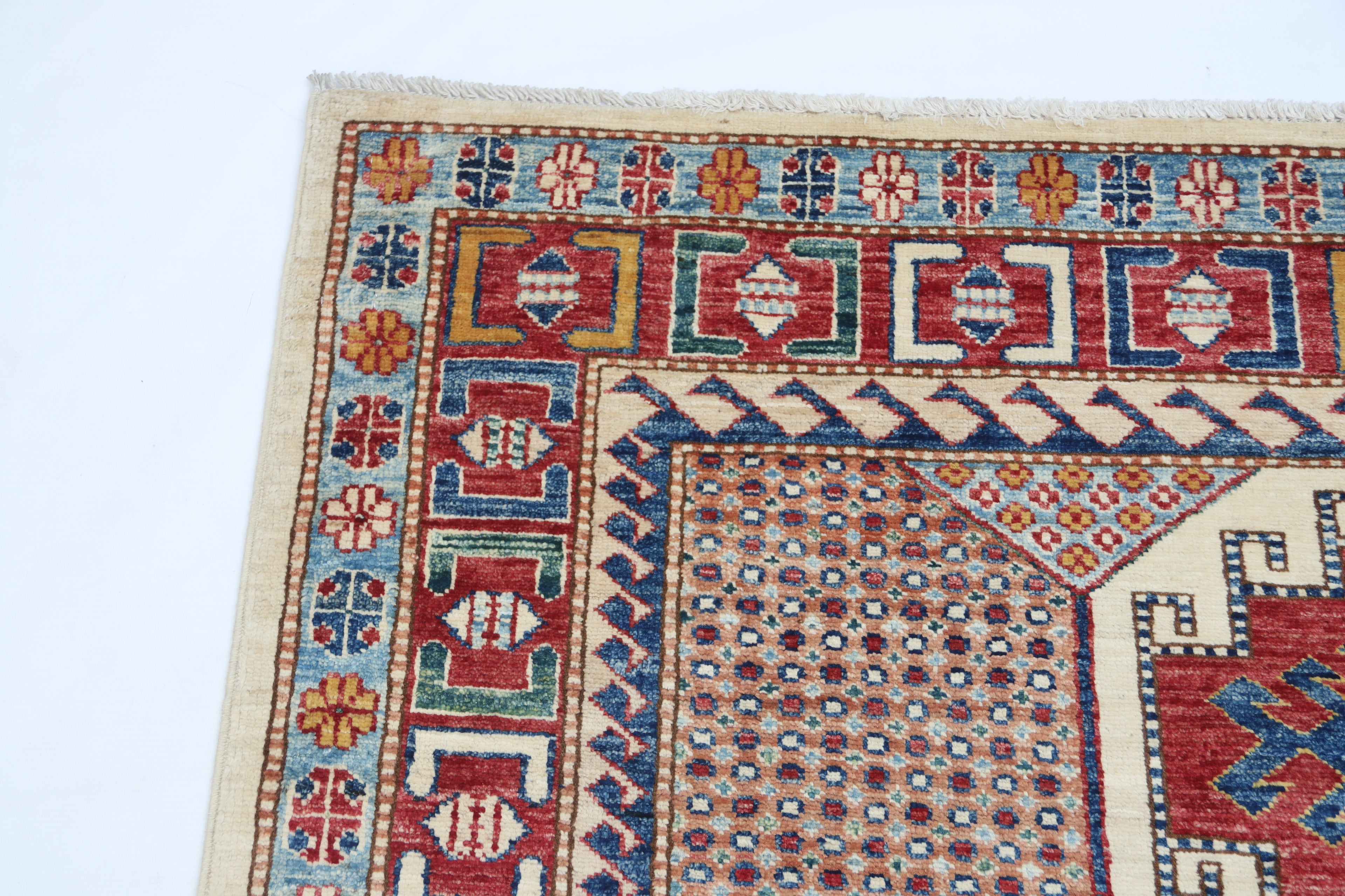 5.5x8 Beige Super Kazak Geometric Area Rug | Handmade Wool & Cotton Rug