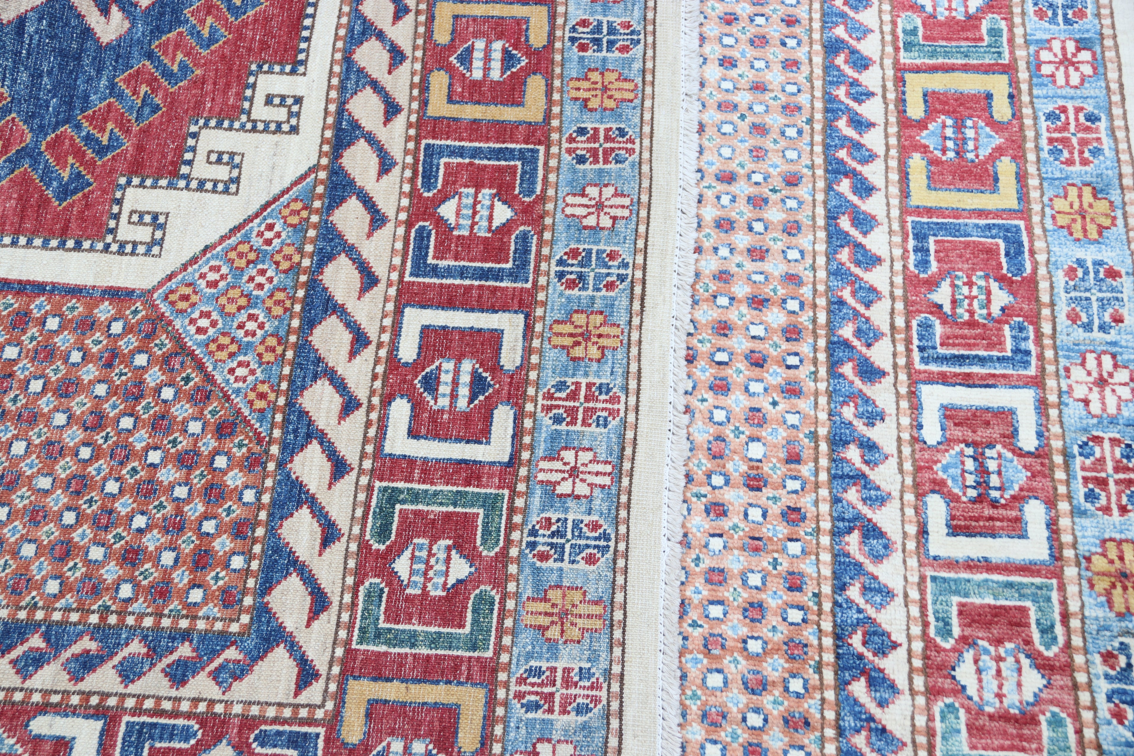5.5x8 Beige Super Kazak Geometric Area Rug | Handmade Wool & Cotton Rug