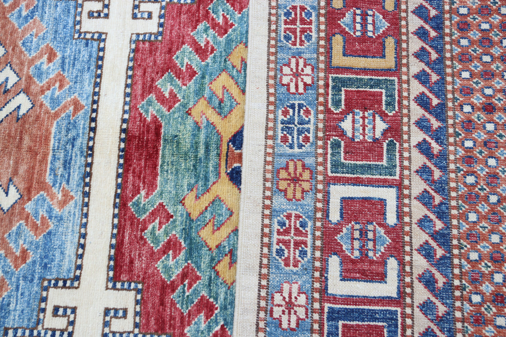 5.5x8 Beige Super Kazak Geometric Area Rug | Handmade Wool & Cotton Rug