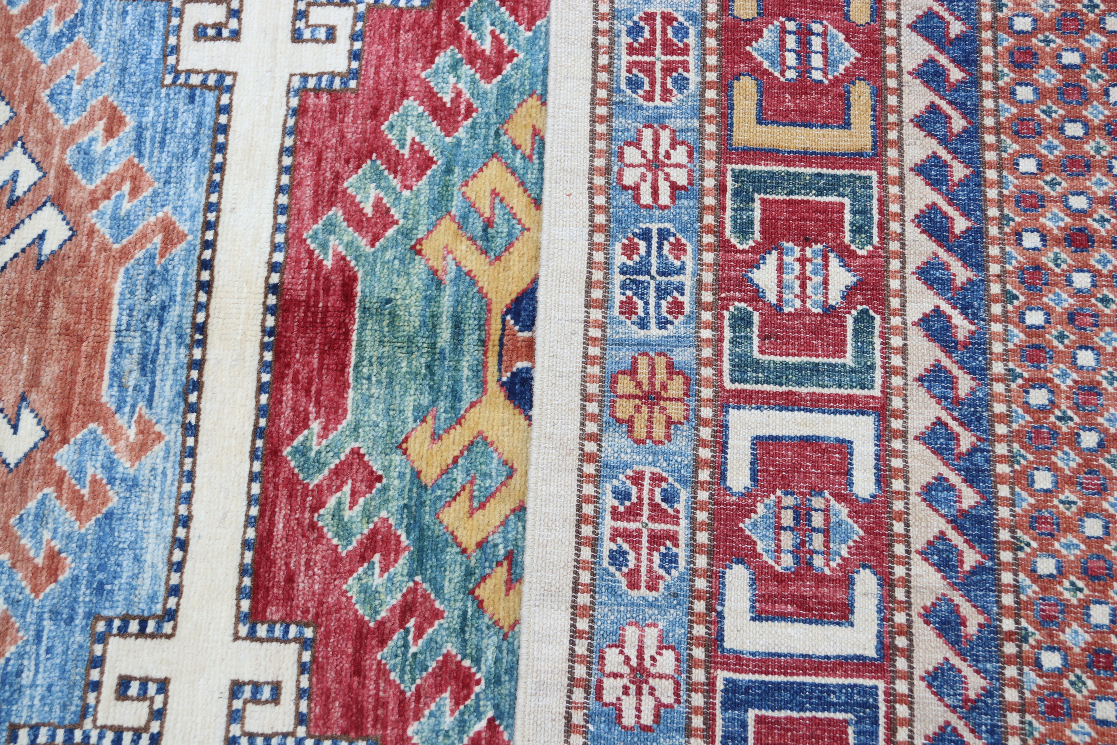 5.5x8 Beige Super Kazak Geometric Area Rug | Handmade Wool & Cotton Rug