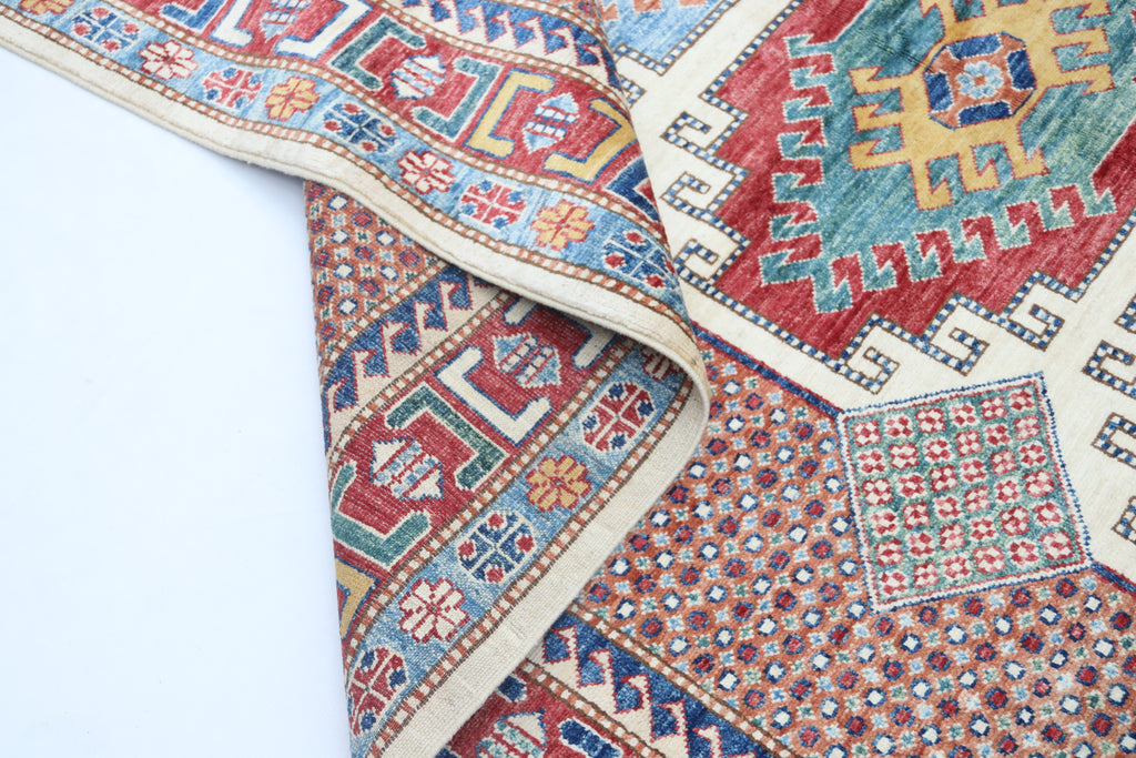 5.5x8 Beige Super Kazak Geometric Area Rug | Handmade Wool & Cotton Rug