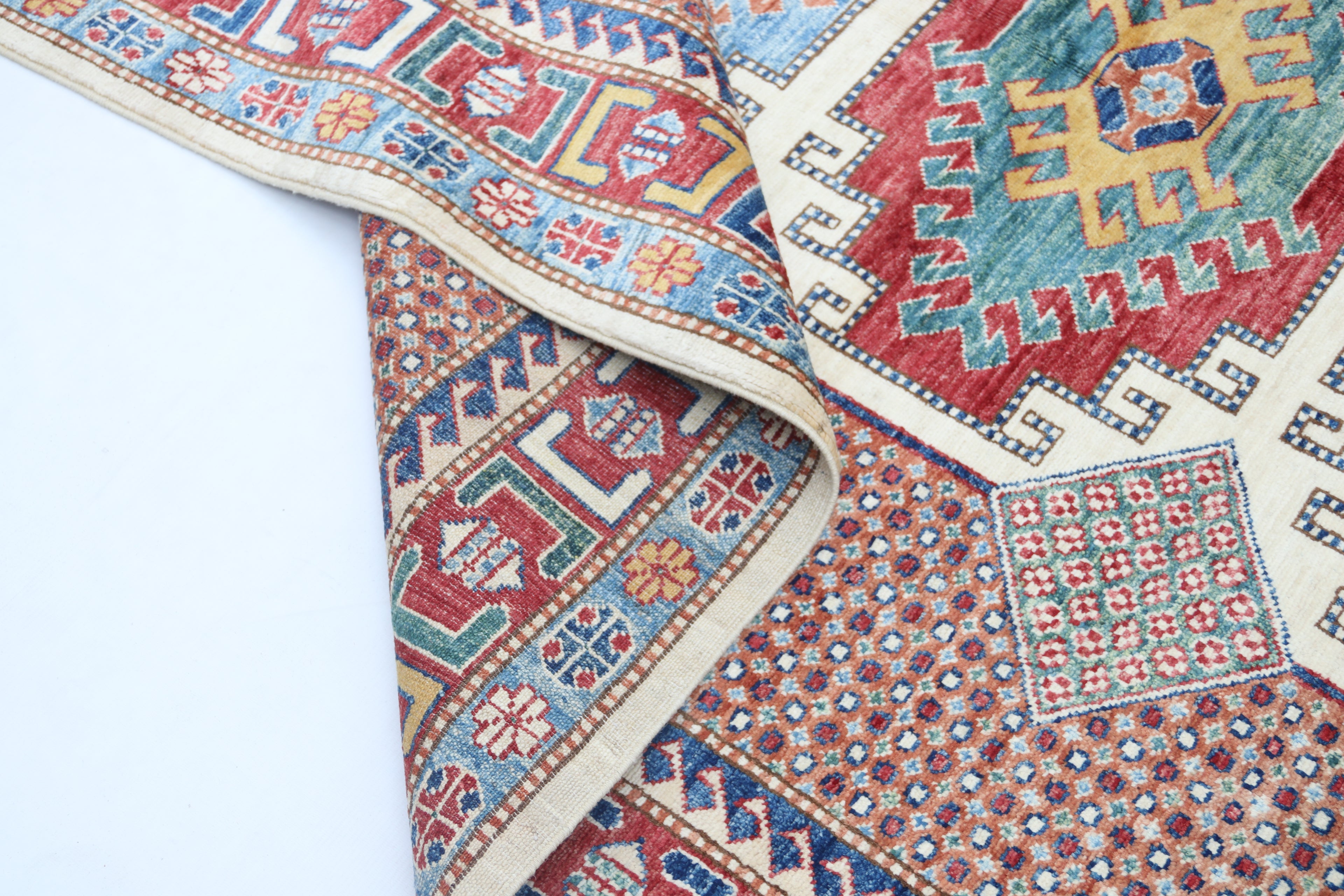 5.5x8 Beige Super Kazak Geometric Area Rug | Handmade Wool & Cotton Rug