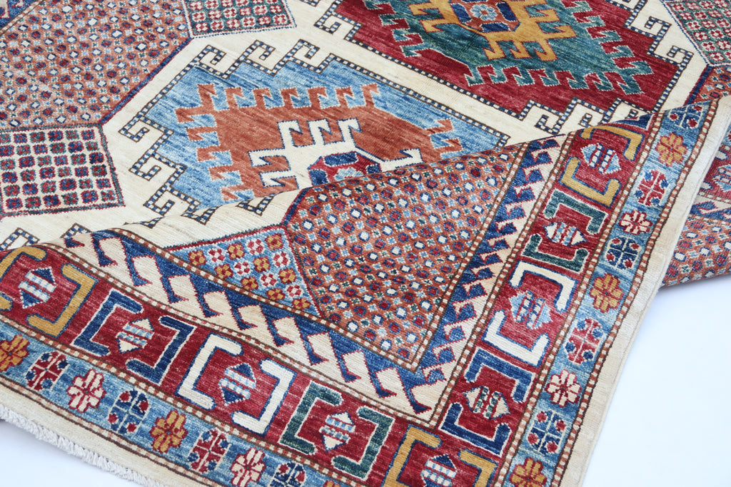 5.5x8 Beige Super Kazak Geometric Area Rug | Handmade Wool & Cotton Rug