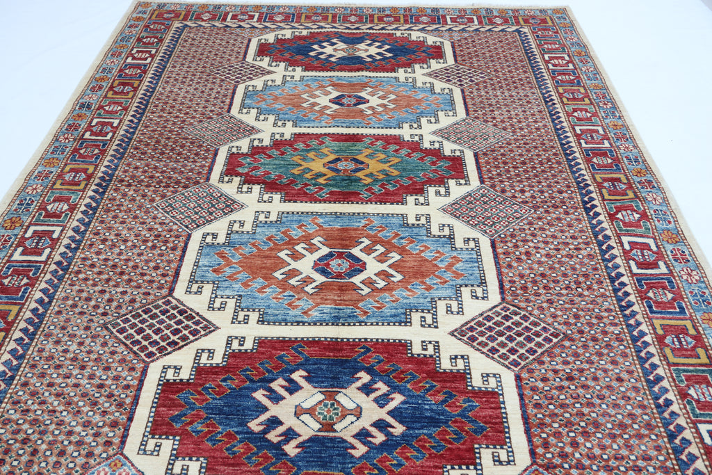 5.5x8 Beige Super Kazak Geometric Area Rug | Handmade Wool & Cotton Rug