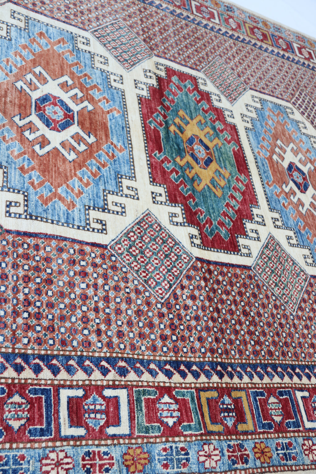 5.5x8 Beige Super Kazak Geometric Area Rug | Handmade Wool & Cotton Rug