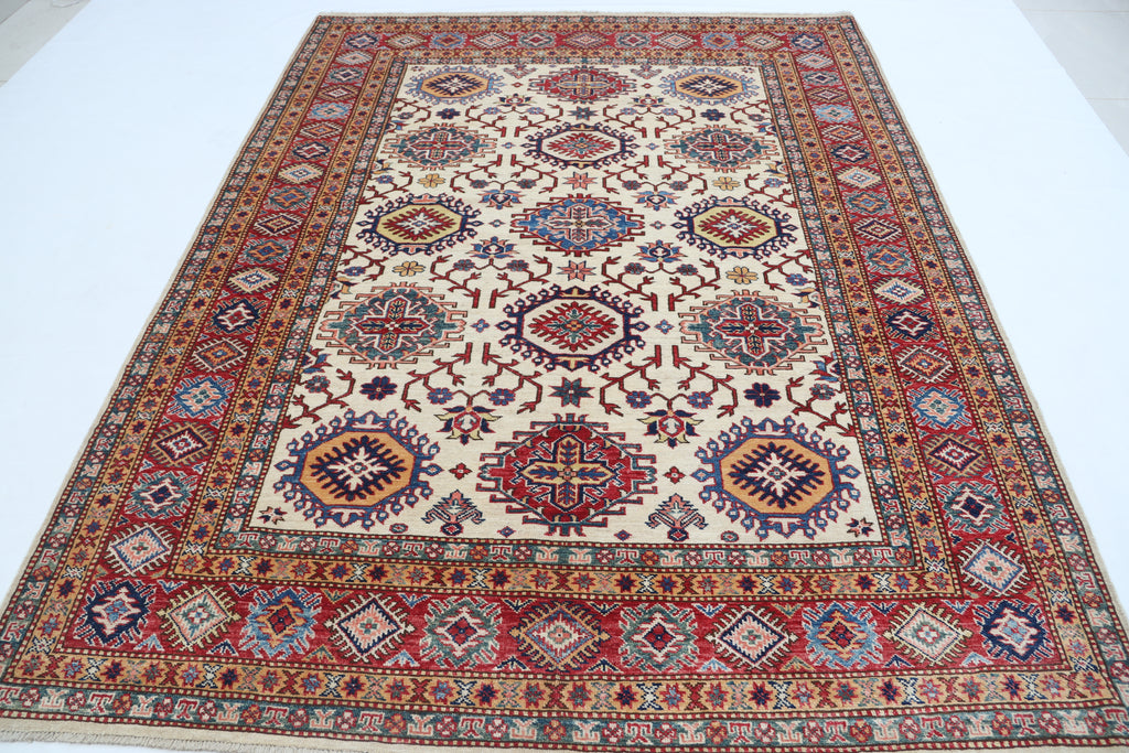 5.5x8 Beige Super Kazak Geometric Area Rug | Handmade Wool & Cotton Rug