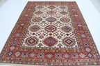 5.5x8 Beige Super Kazak Geometric Area Rug | Handmade Wool & Cotton Rug