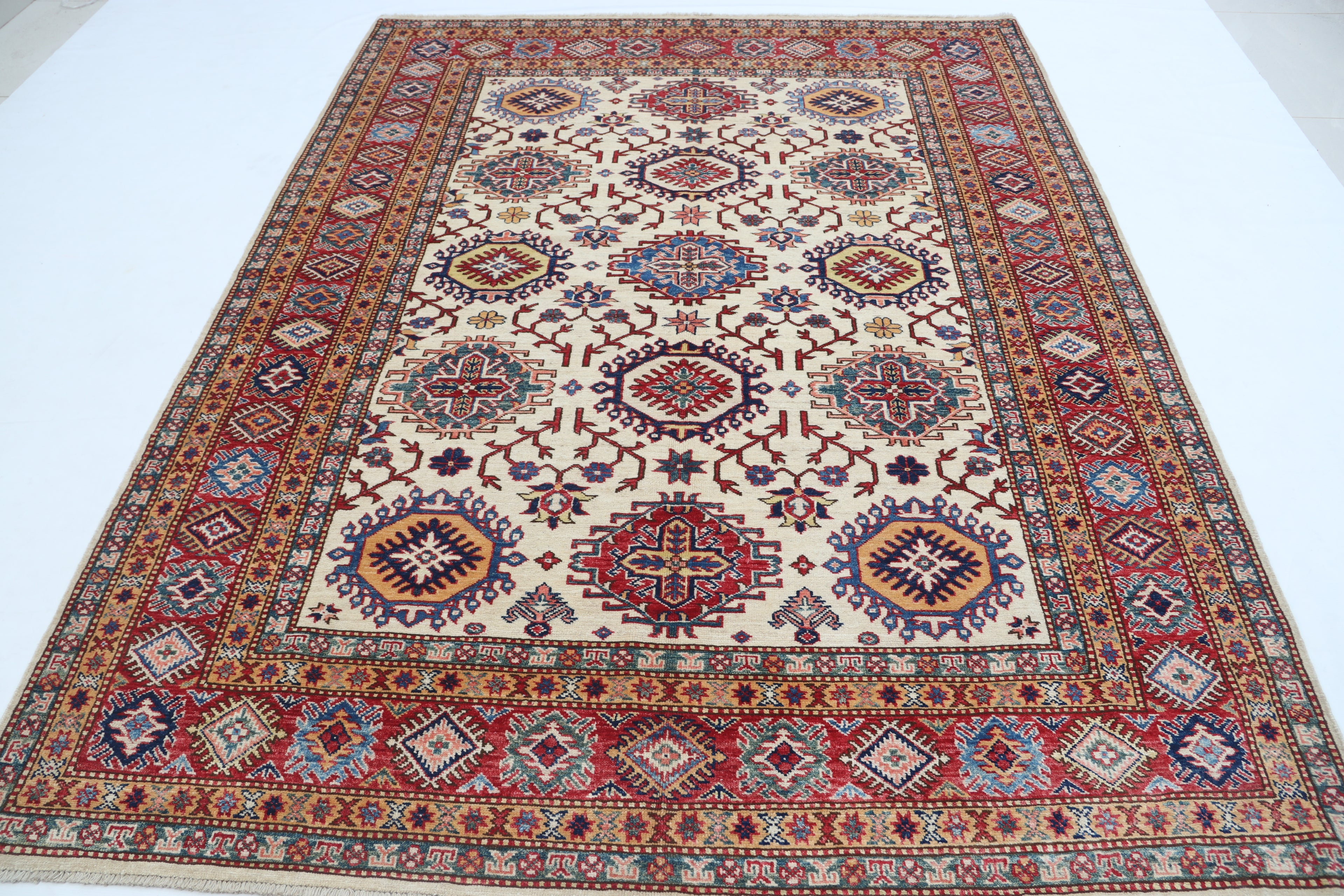 5.5x8 Beige Super Kazak Geometric Area Rug | Handmade Wool & Cotton Rug