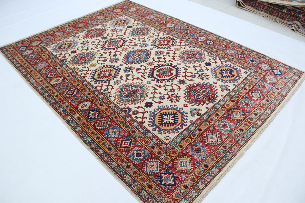 5.5x8 Beige Super Kazak Geometric Area Rug | Handmade Wool & Cotton Rug