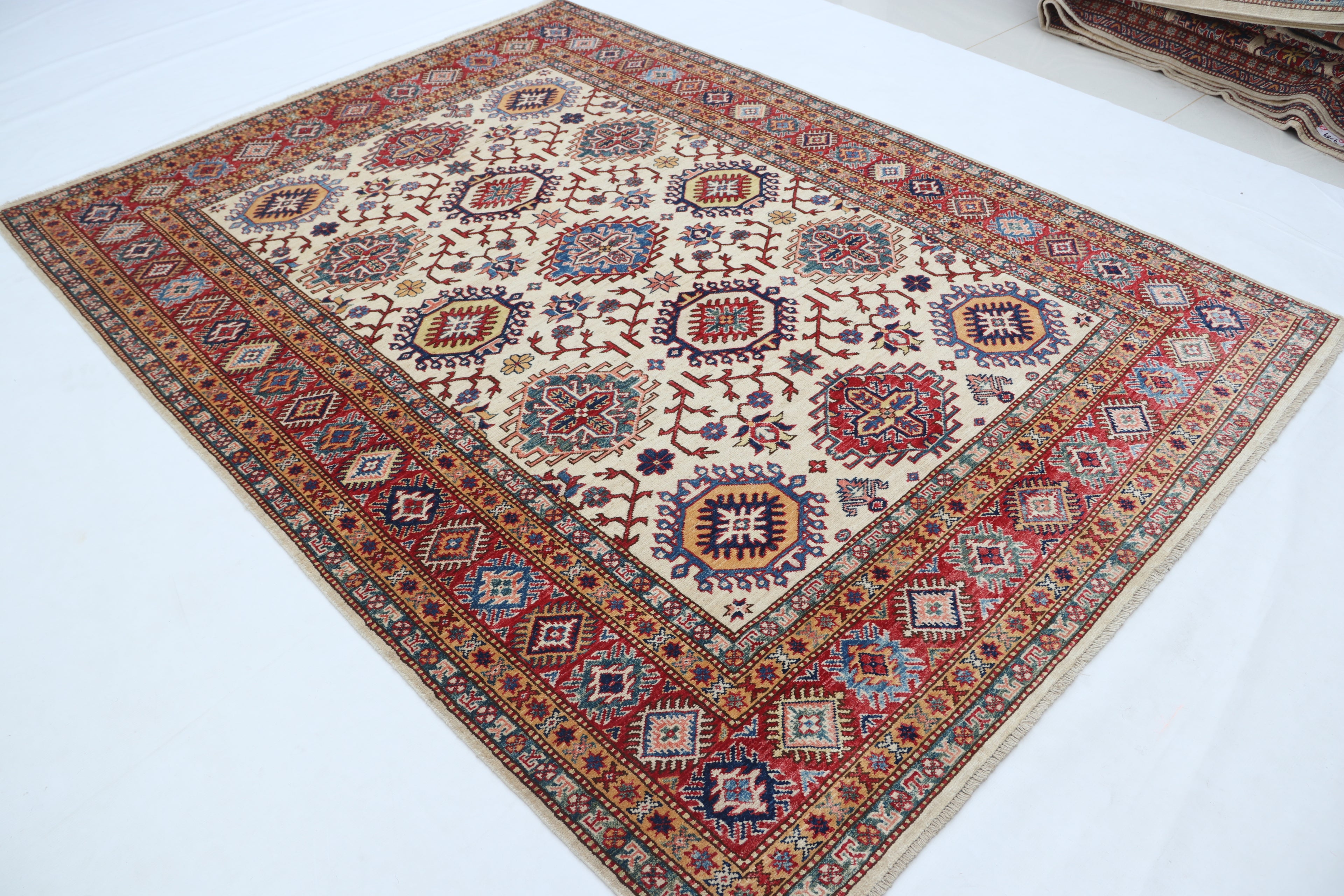 5.5x8 Beige Super Kazak Geometric Area Rug | Handmade Wool & Cotton Rug