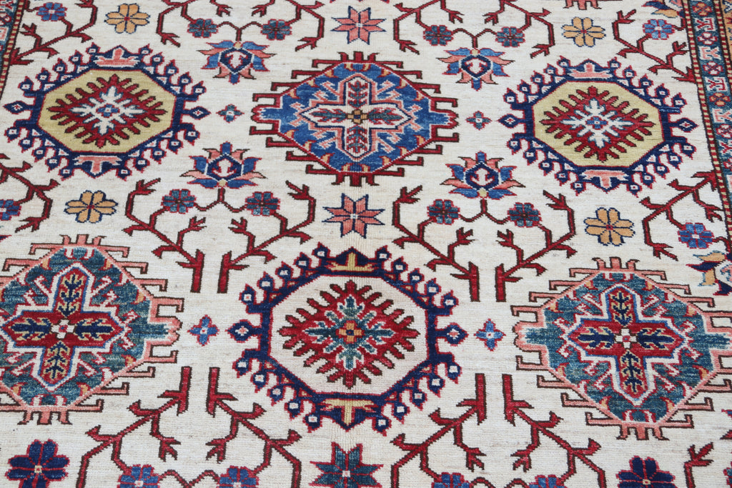 5.5x8 Beige Super Kazak Geometric Area Rug | Handmade Wool & Cotton Rug