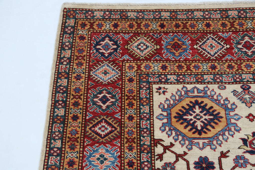 5.5x8 Beige Super Kazak Geometric Area Rug | Handmade Wool & Cotton Rug