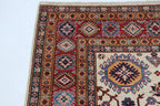 5.5x8 Beige Super Kazak Geometric Area Rug | Handmade Wool & Cotton Rug