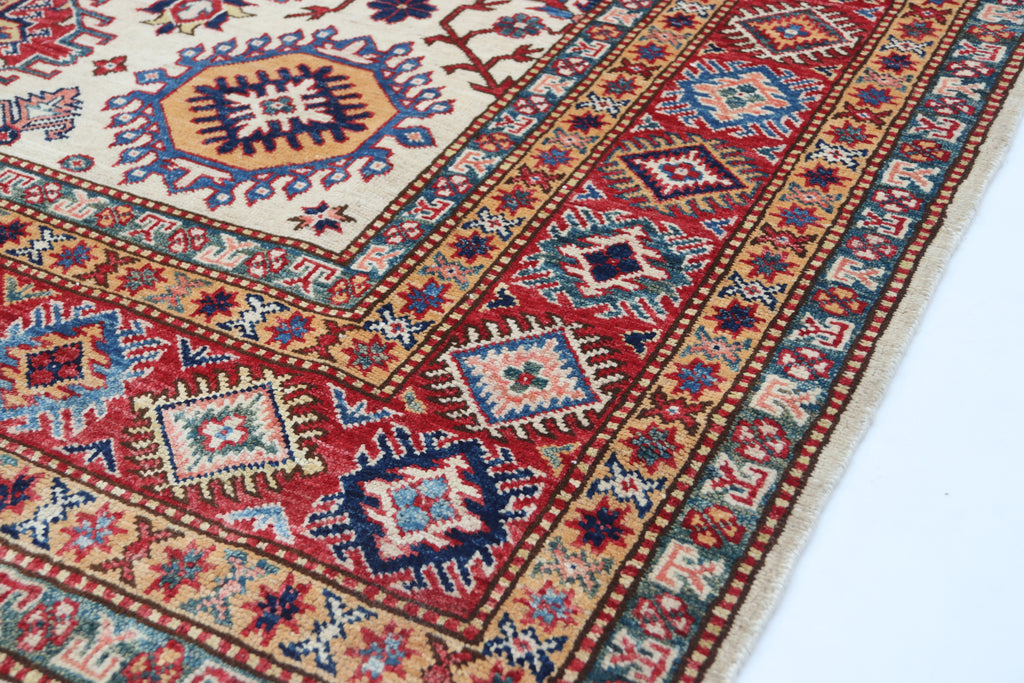 5.5x8 Beige Super Kazak Geometric Area Rug | Handmade Wool & Cotton Rug