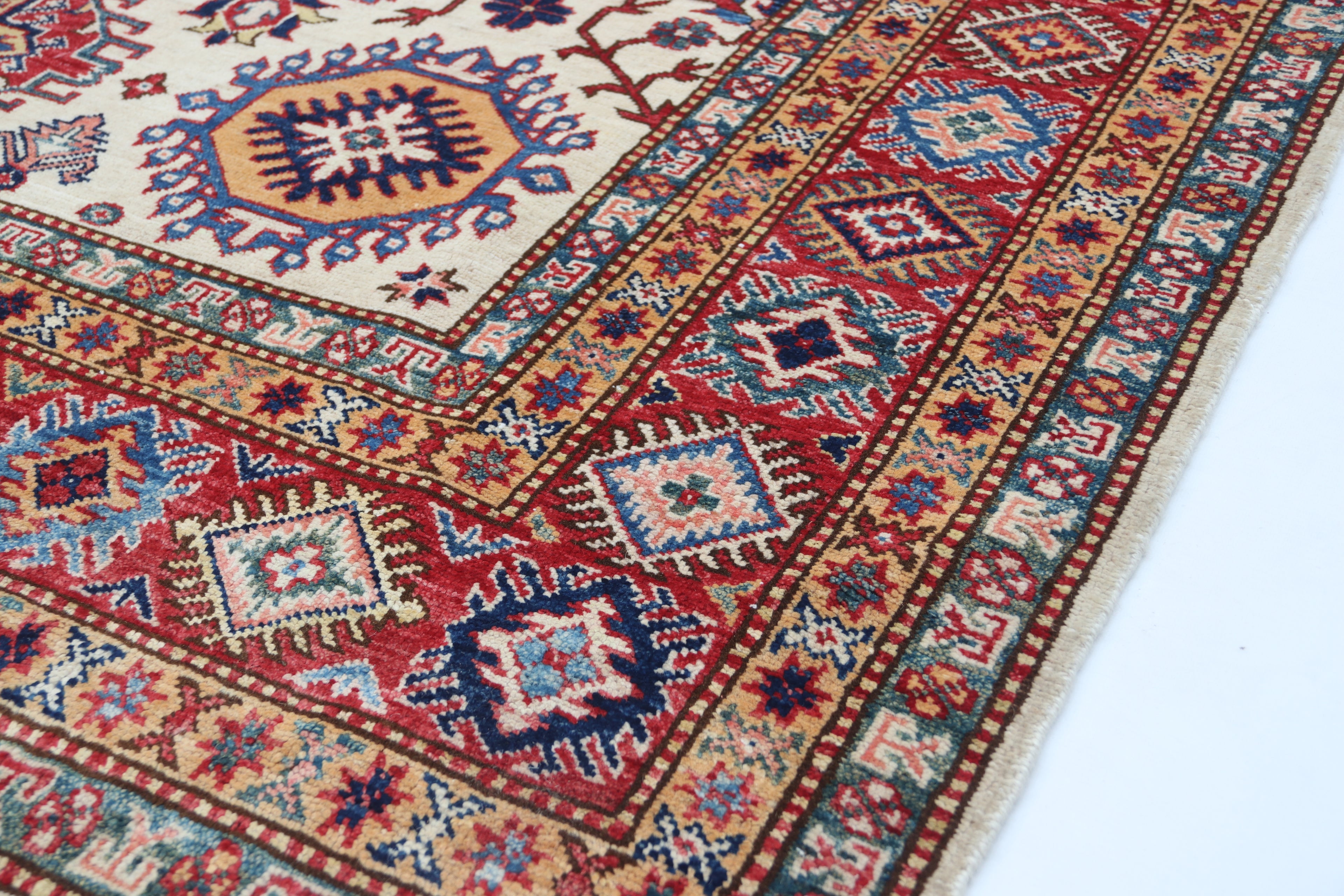 5.5x8 Beige Super Kazak Geometric Area Rug | Handmade Wool & Cotton Rug