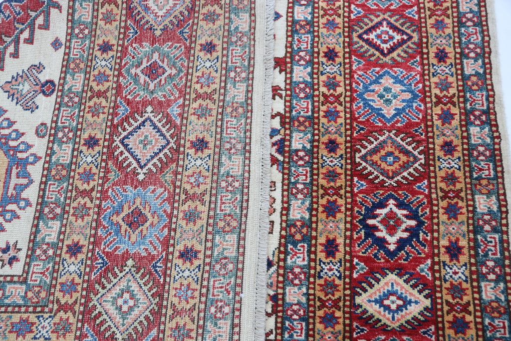 5.5x8 Beige Super Kazak Geometric Area Rug | Handmade Wool & Cotton Rug
