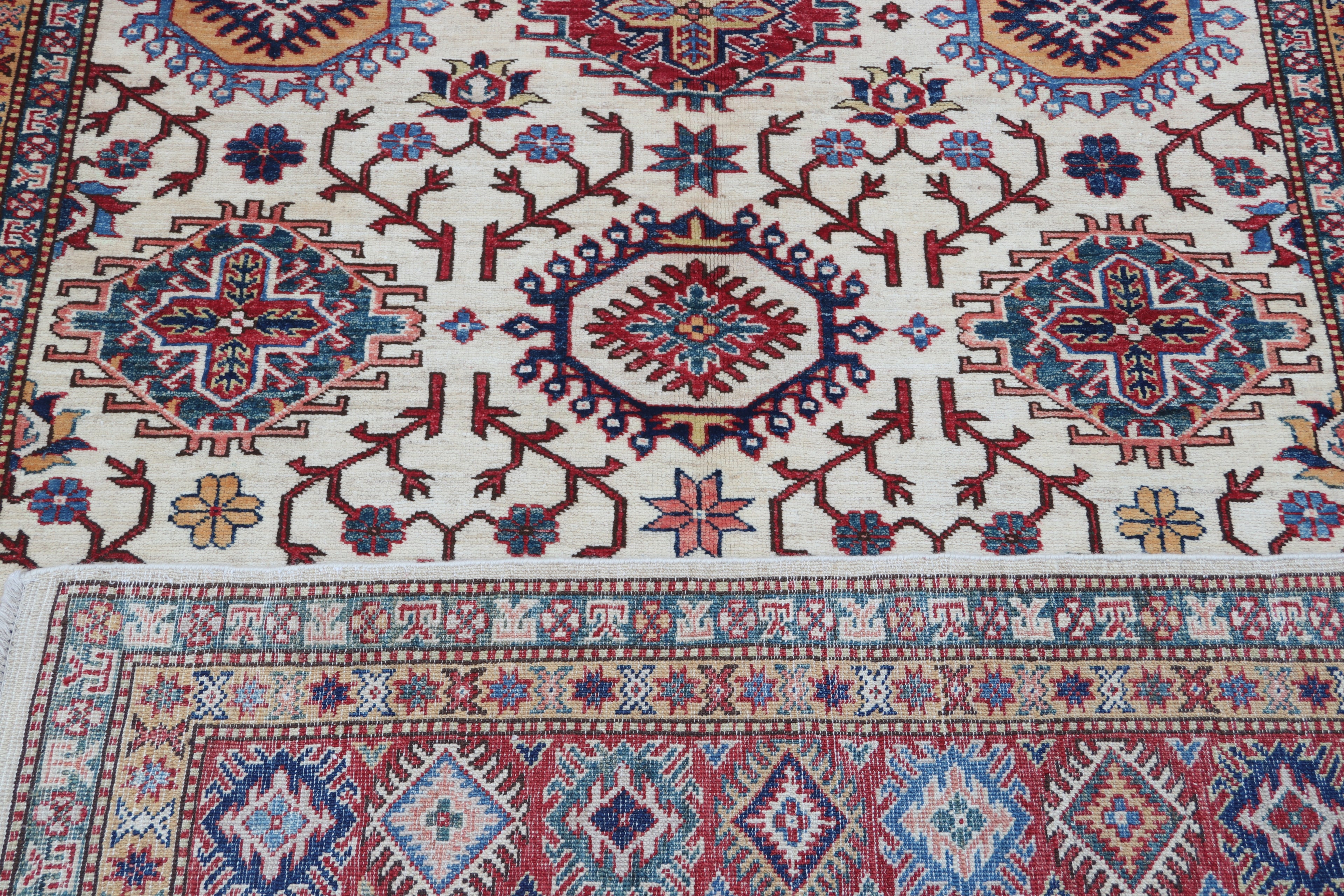 5.5x8 Beige Super Kazak Geometric Area Rug | Handmade Wool & Cotton Rug