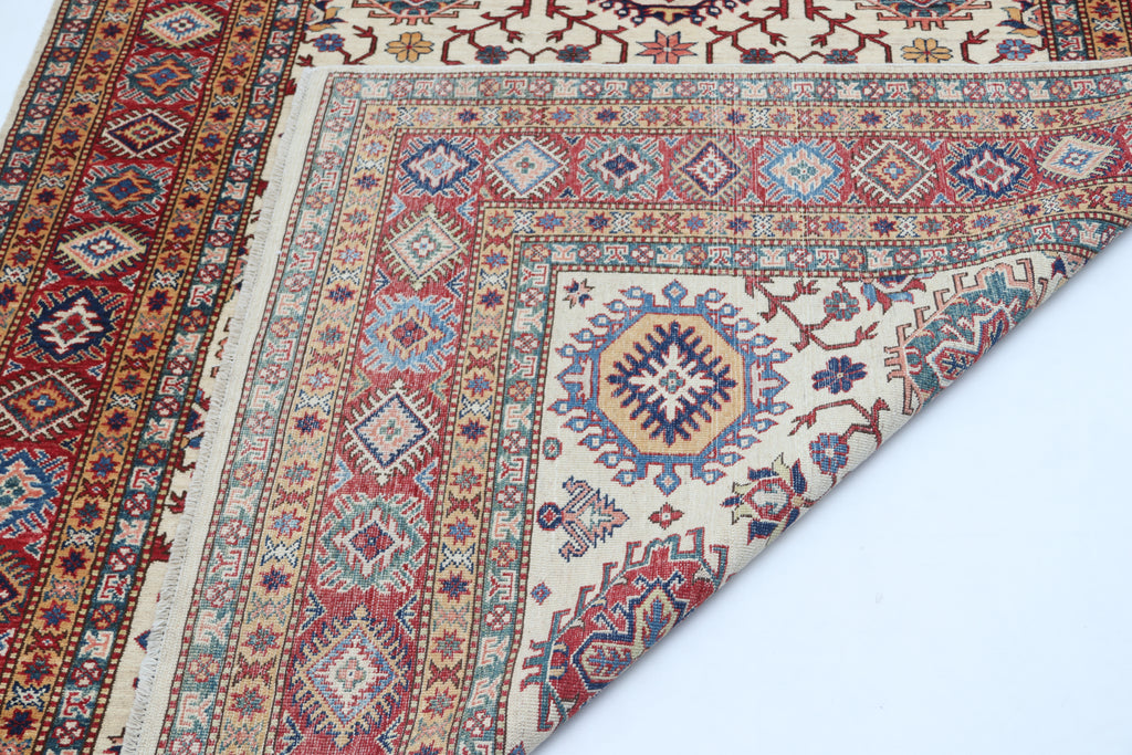 5.5x8 Beige Super Kazak Geometric Area Rug | Handmade Wool & Cotton Rug