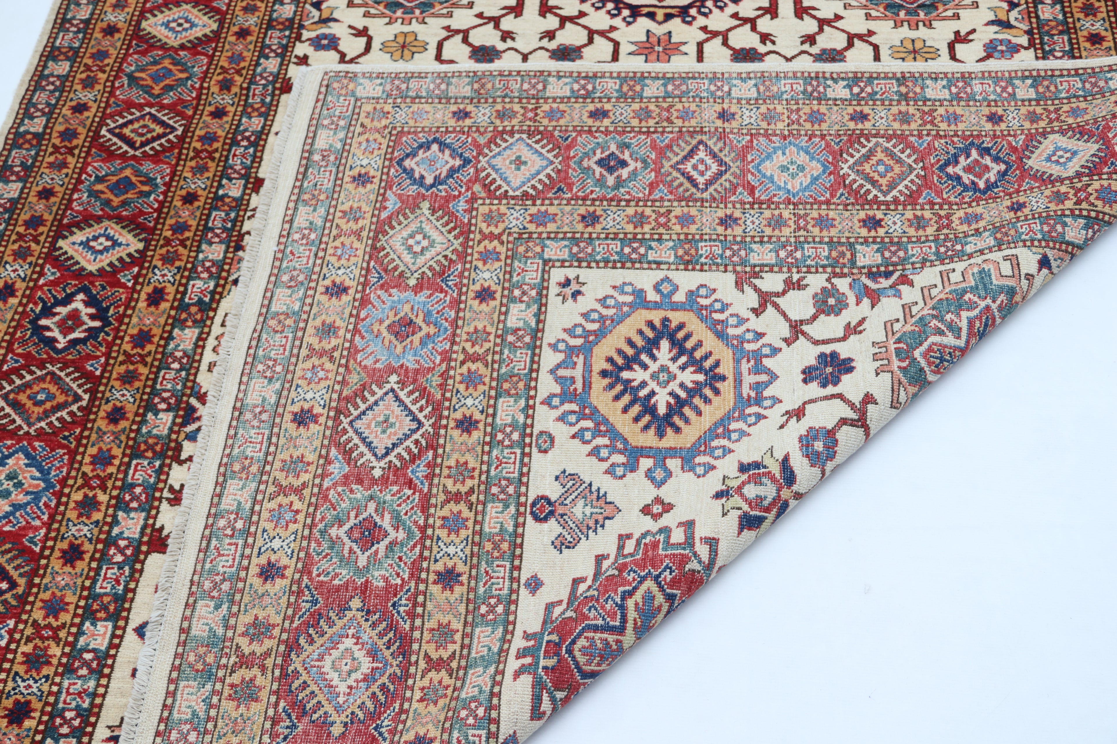 5.5x8 Beige Super Kazak Geometric Area Rug | Handmade Wool & Cotton Rug