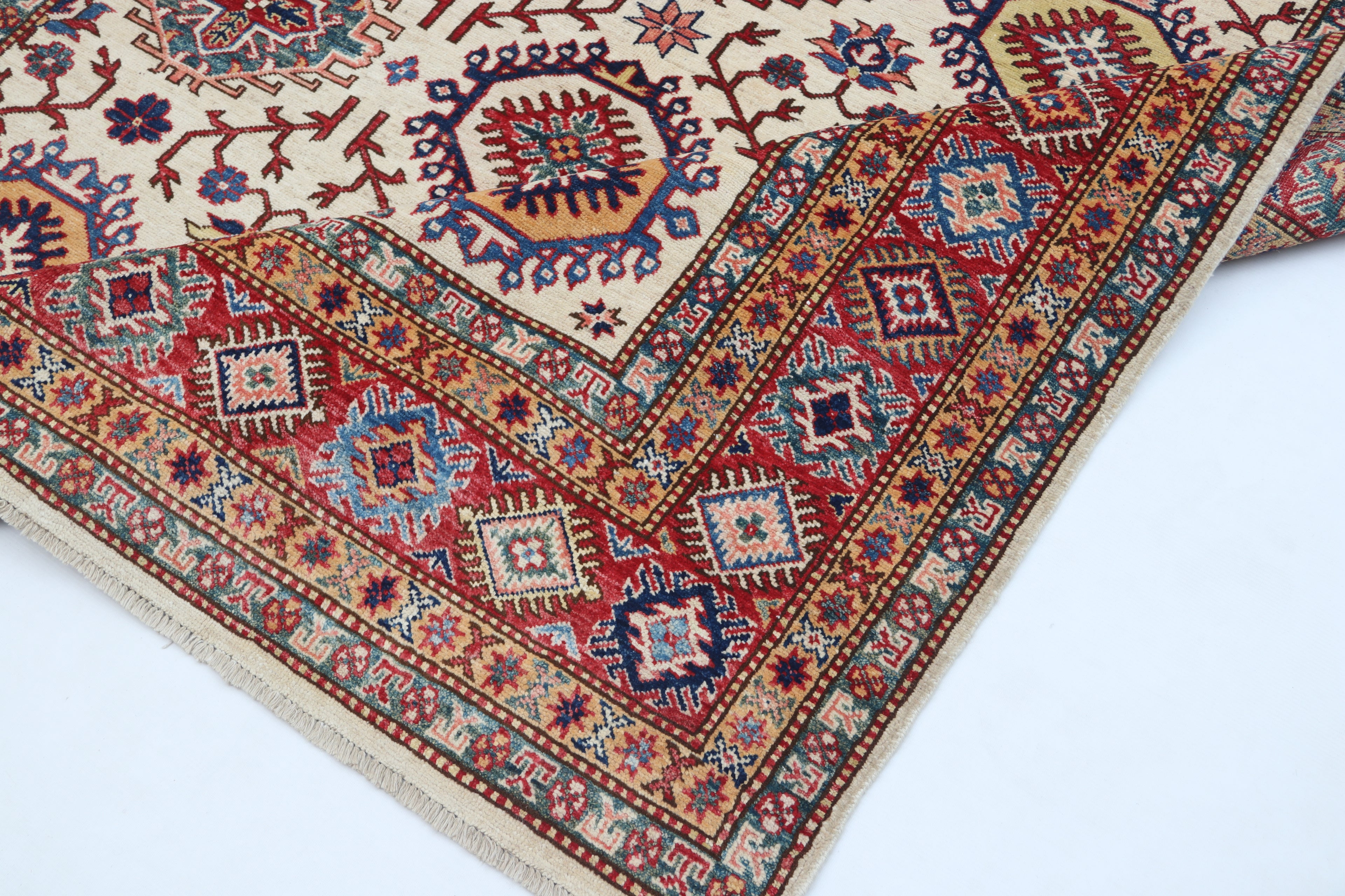 5.5x8 Beige Super Kazak Geometric Area Rug | Handmade Wool & Cotton Rug