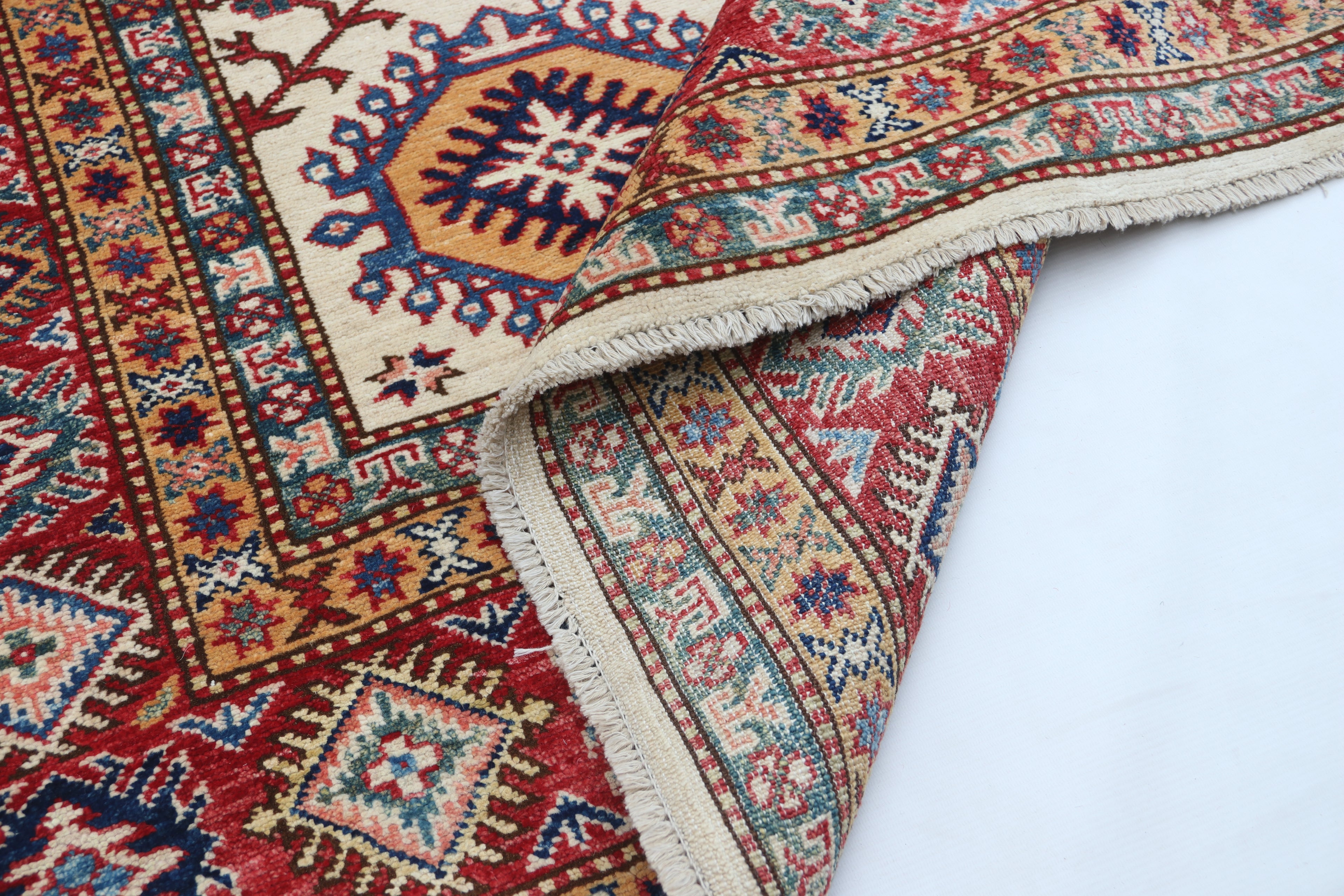 5.5x8 Beige Super Kazak Geometric Area Rug | Handmade Wool & Cotton Rug