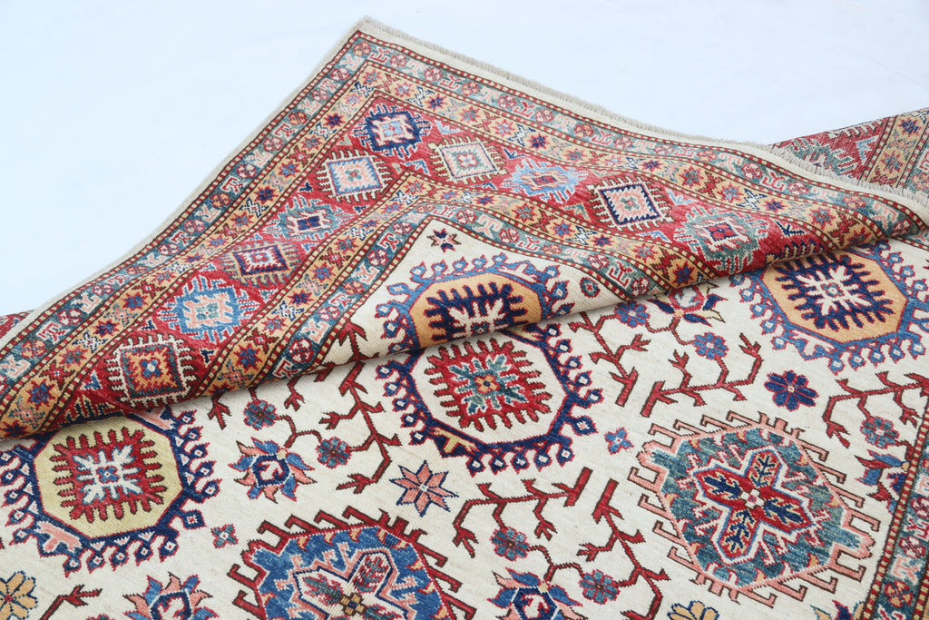 5.5x8 Beige Super Kazak Geometric Area Rug | Handmade Wool & Cotton Rug