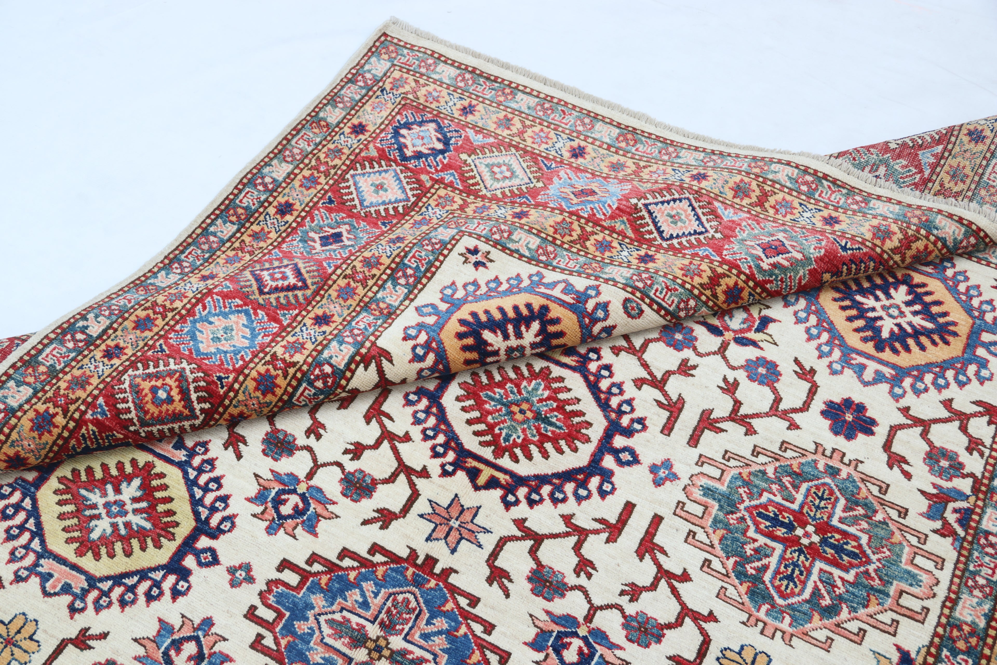 5.5x8 Beige Super Kazak Geometric Area Rug | Handmade Wool & Cotton Rug
