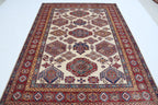 5.5x8 Beige Super Kazak Geometric Area Rug | Handmade Wool & Cotton Rug