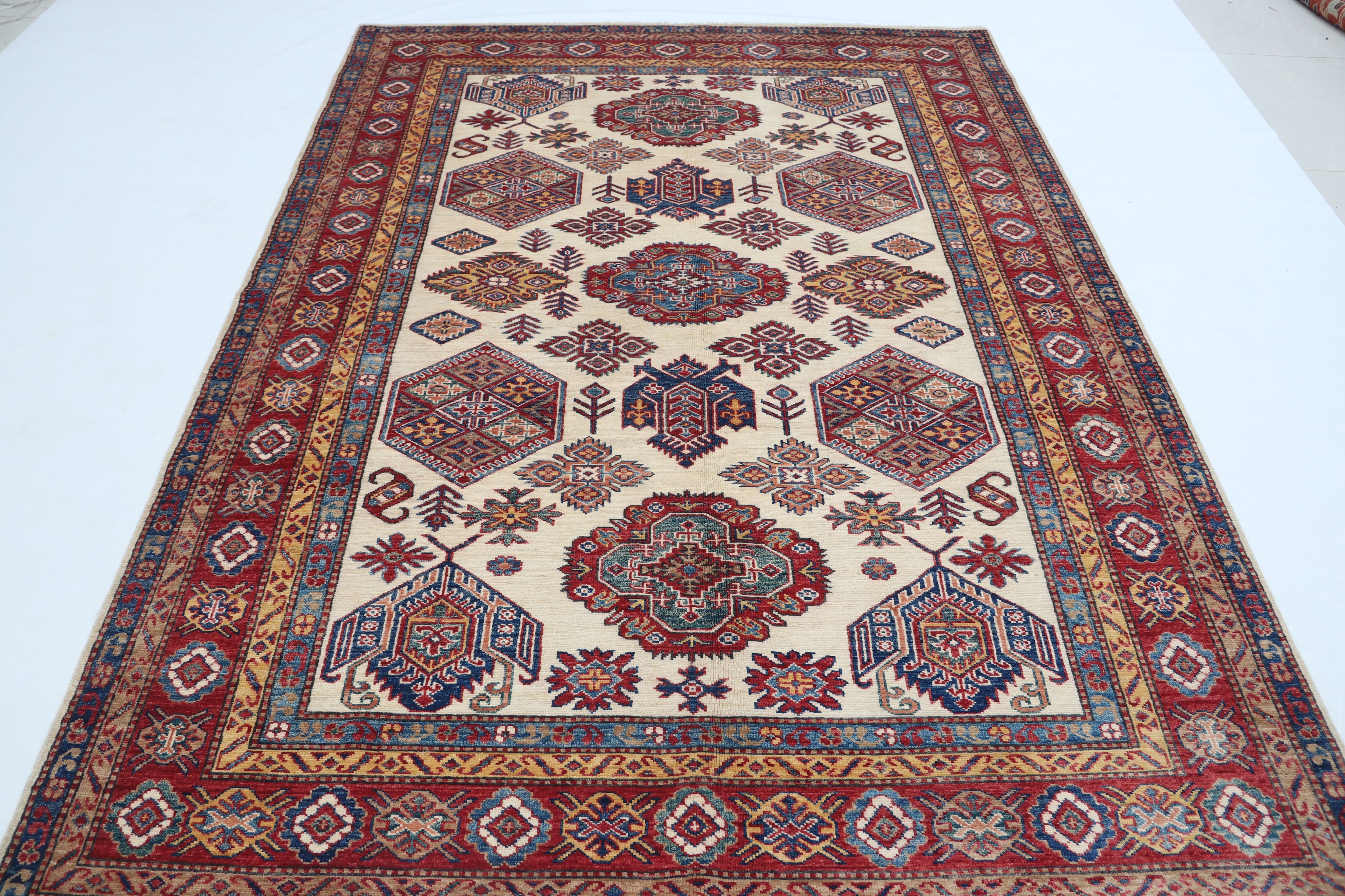 5.5x8 Beige Super Kazak Geometric Area Rug | Handmade Wool & Cotton Rug