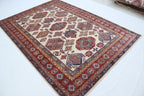 5.5x8 Beige Super Kazak Geometric Area Rug | Handmade Wool & Cotton Rug