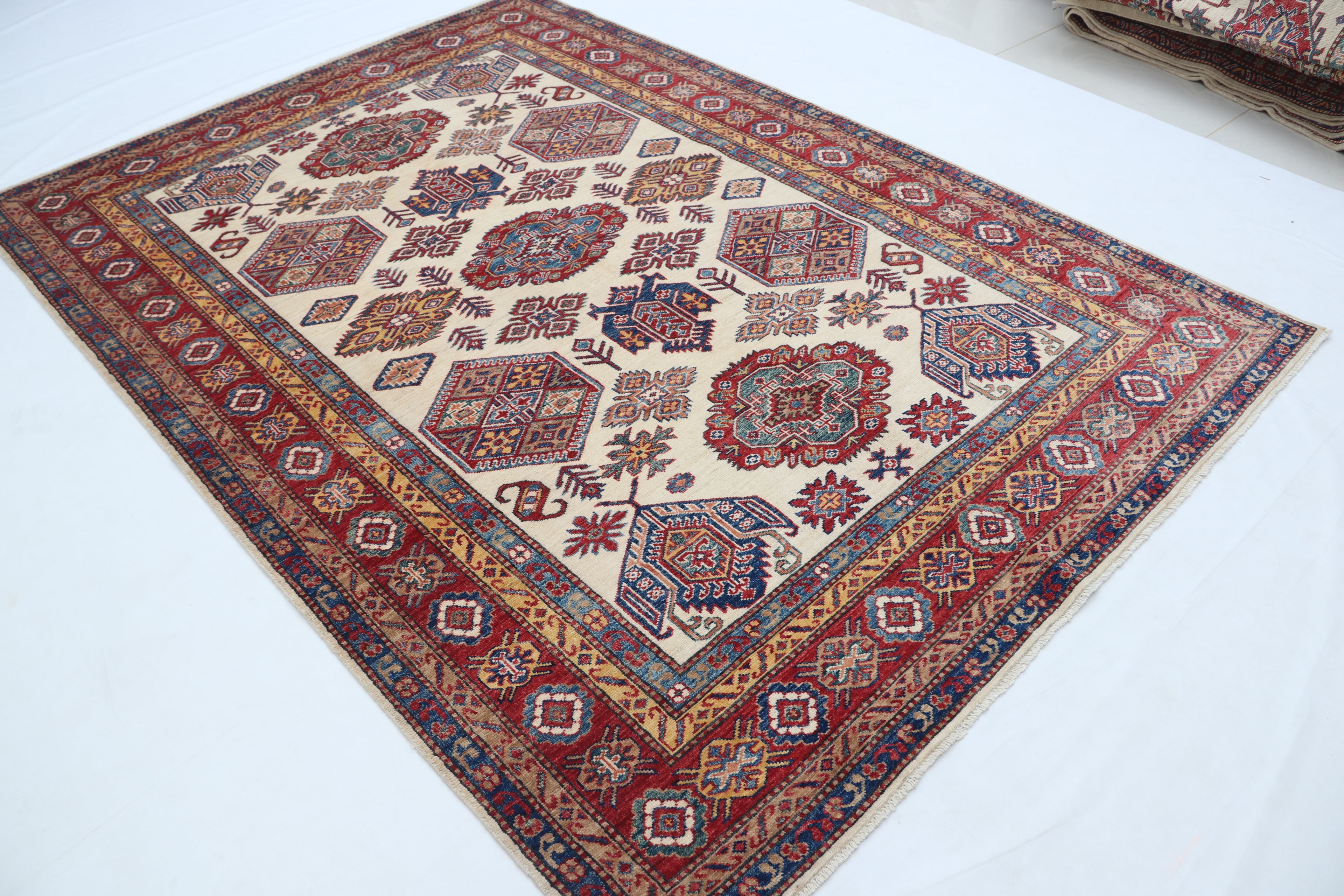 5.5x8 Beige Super Kazak Geometric Area Rug | Handmade Wool & Cotton Rug