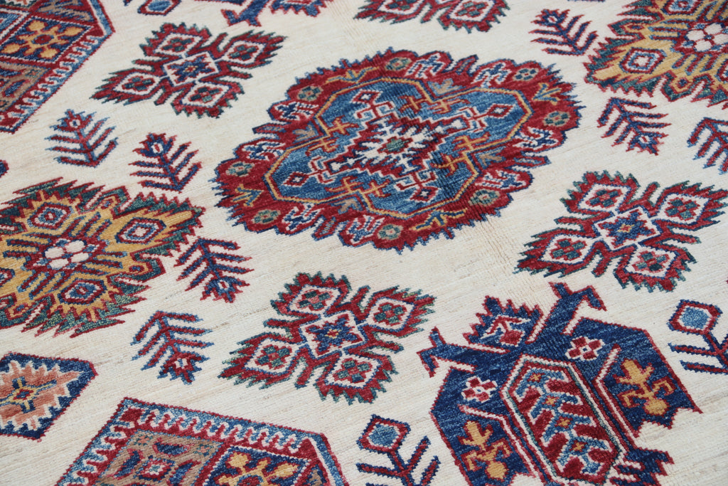 5.5x8 Beige Super Kazak Geometric Area Rug | Handmade Wool & Cotton Rug