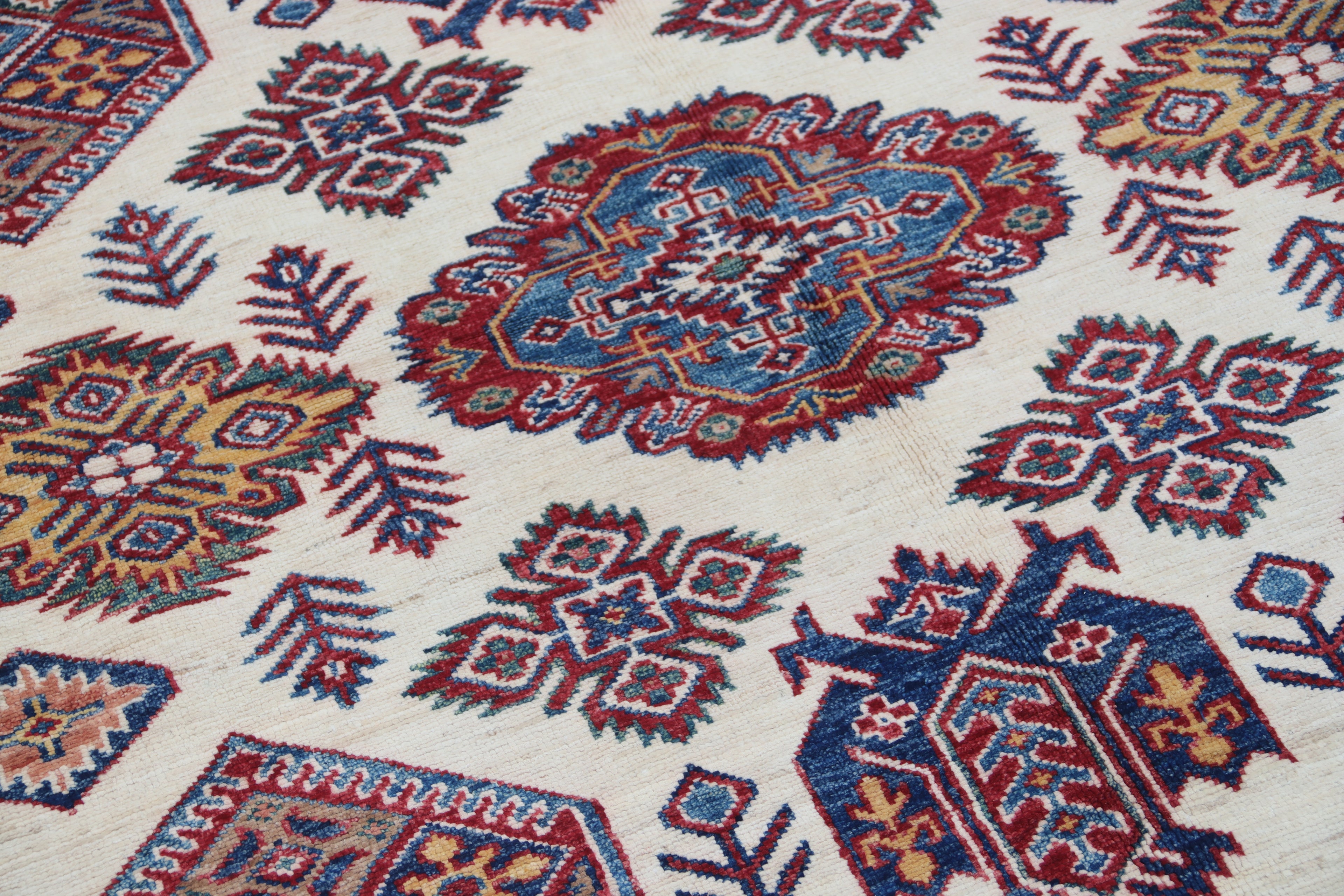 5.5x8 Beige Super Kazak Geometric Area Rug | Handmade Wool & Cotton Rug