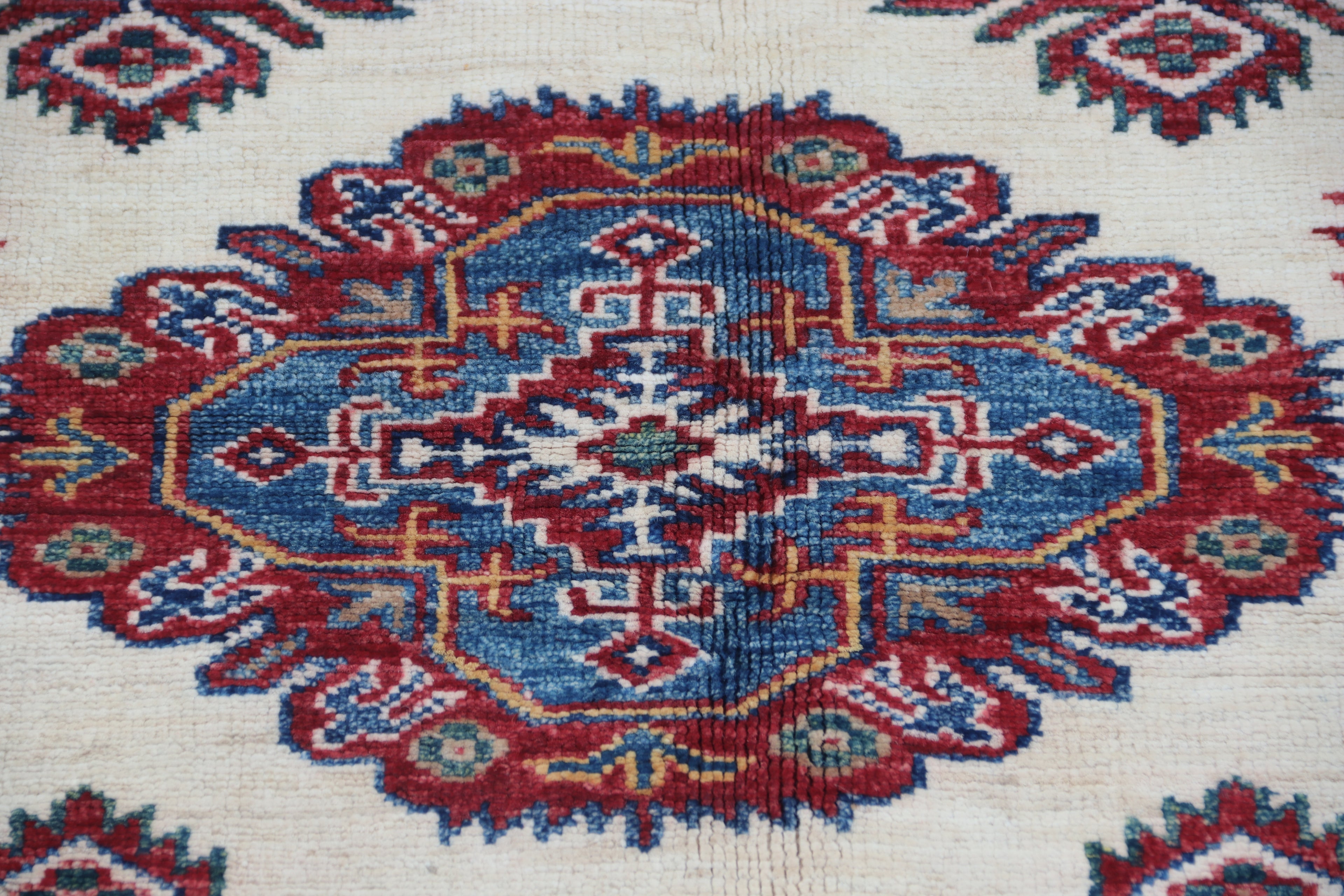 5.5x8 Beige Super Kazak Geometric Area Rug | Handmade Wool & Cotton Rug