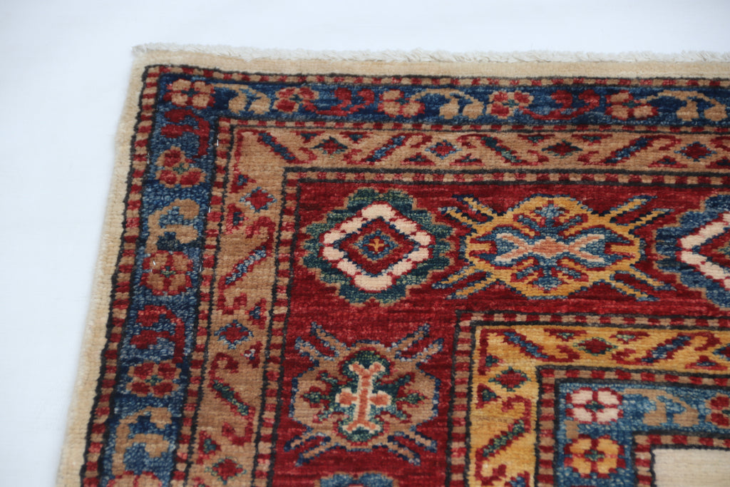 5.5x8 Beige Super Kazak Geometric Area Rug | Handmade Wool & Cotton Rug