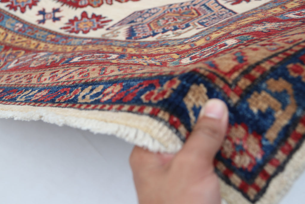 5.5x8 Beige Super Kazak Geometric Area Rug | Handmade Wool & Cotton Rug