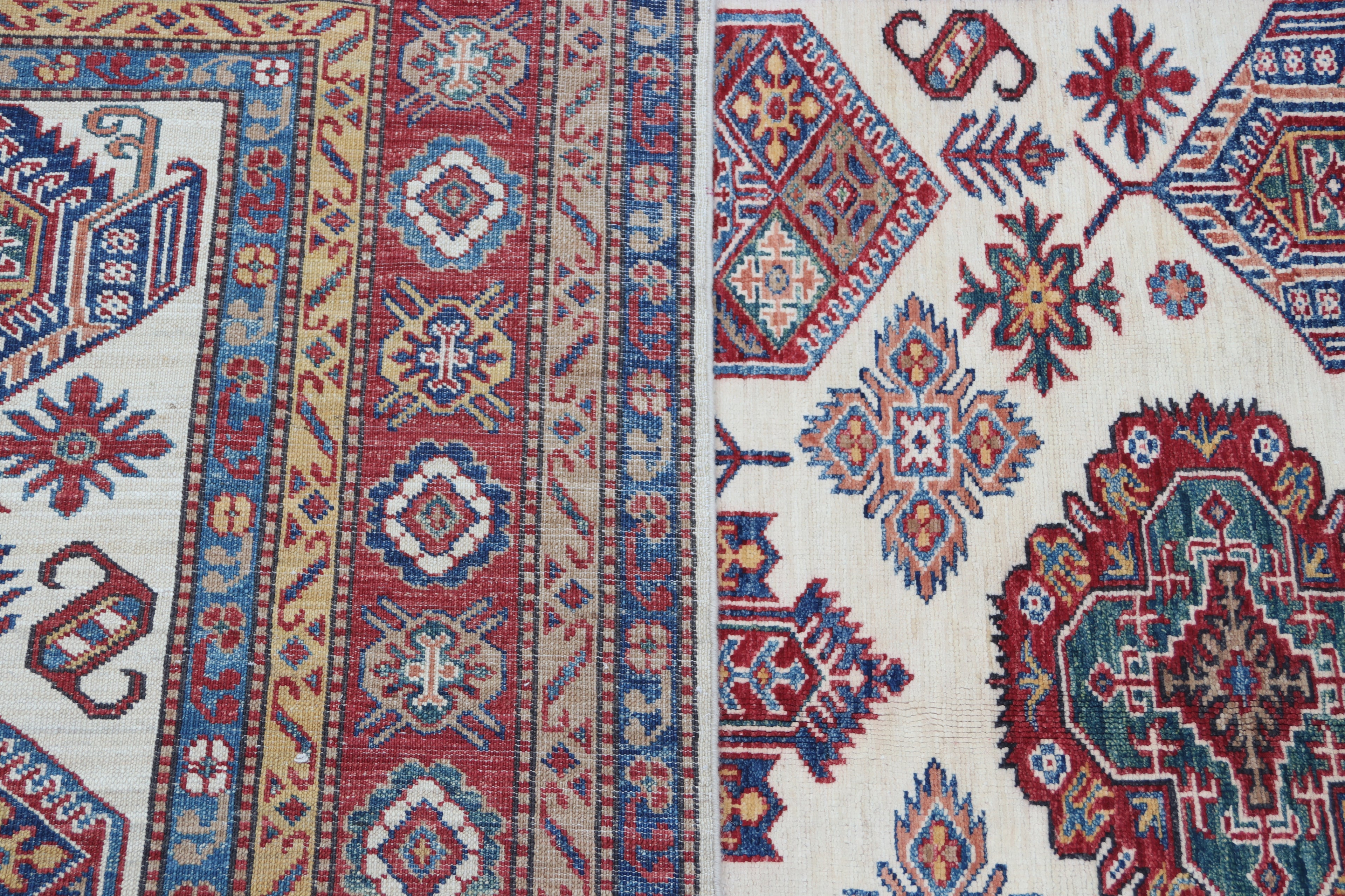 5.5x8 Beige Super Kazak Geometric Area Rug | Handmade Wool & Cotton Rug